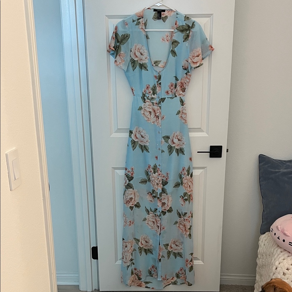 Forever 21 Blue Maxi Dress with Pink Floral Pattern